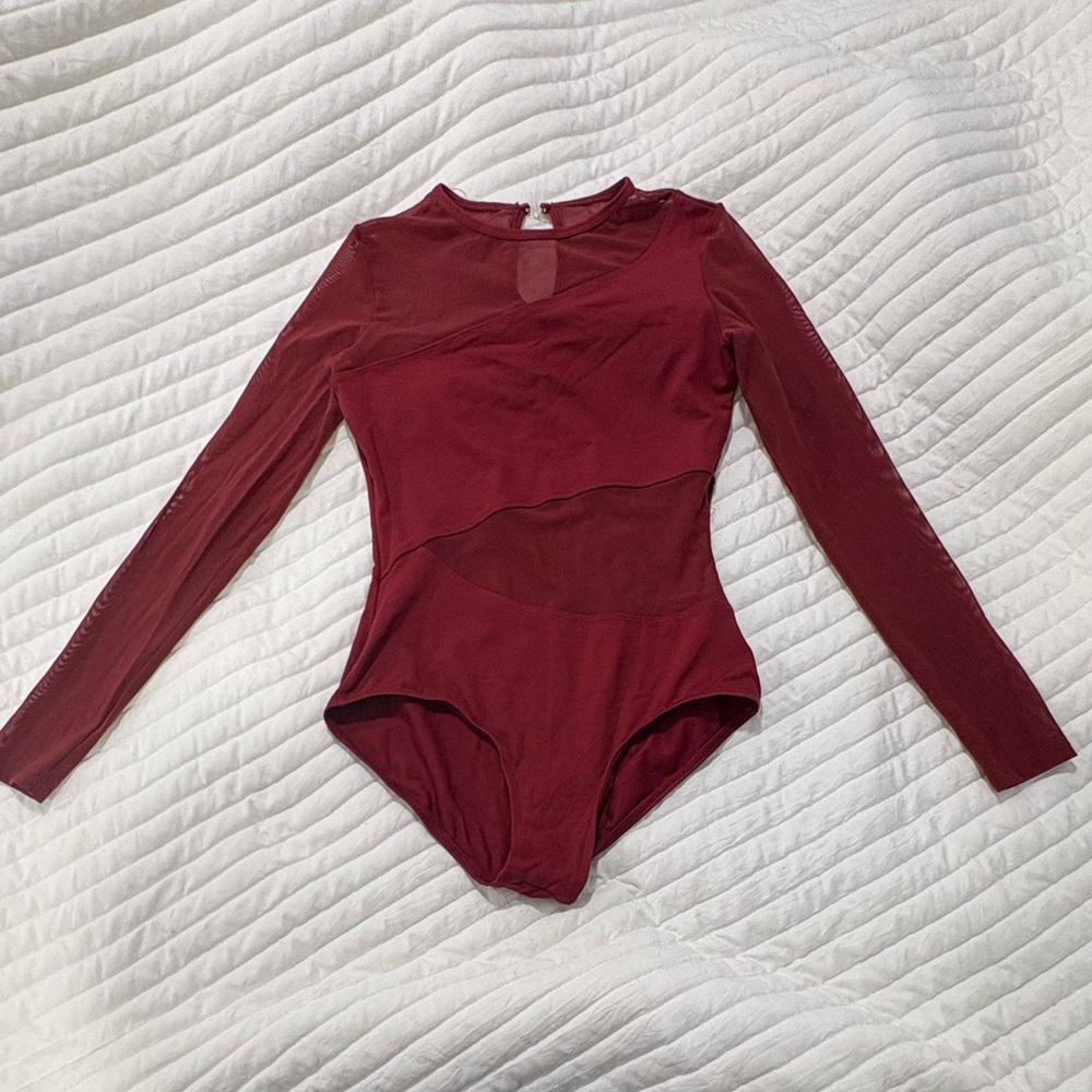 Burgundy Long Sleeve Mesh Leotard